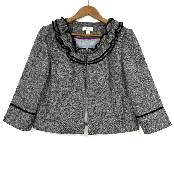 Ann Taylor LOFT Women’s Size 10 Gray Black Ruffle Trim Wool Blend Blazer Jacket - Picture 1 of 8